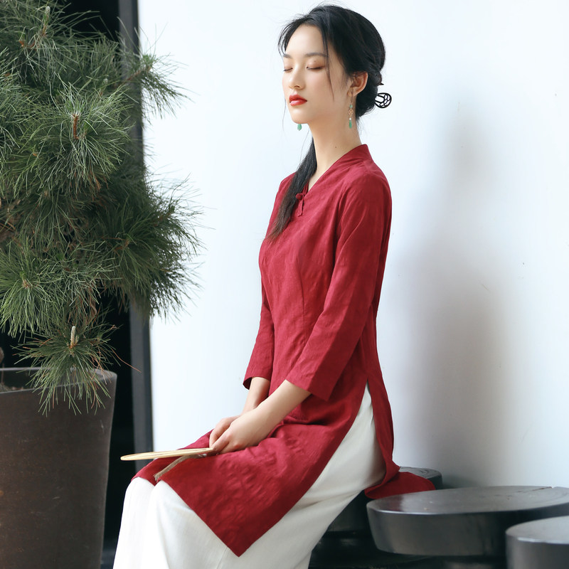 棉麻唐装女中国风汉服大人唐服女款旗袍半身上衣2024新款春季茶服