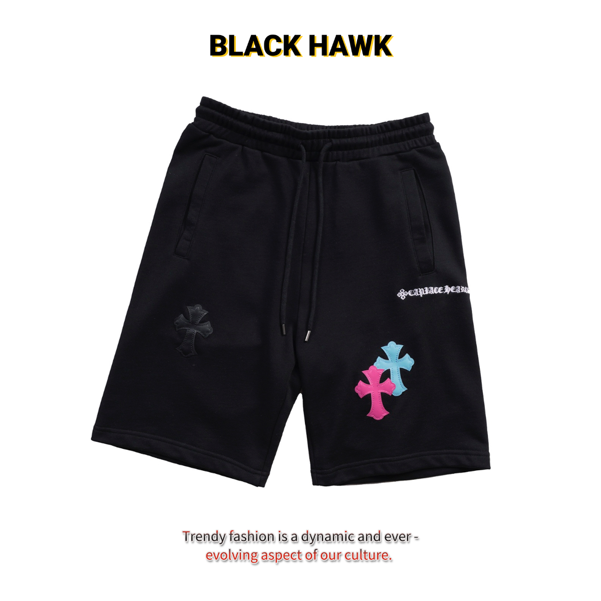 BLACKHAWK潮牌皮质十字架欧美高档休闲短裤宽松五分裤百搭男女