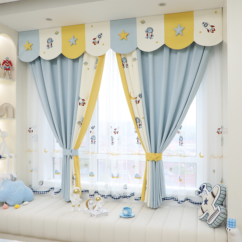 现代地中海英伦风棉麻儿童房卧室飘窗短帘卡通男孩小熊遮光窗帘