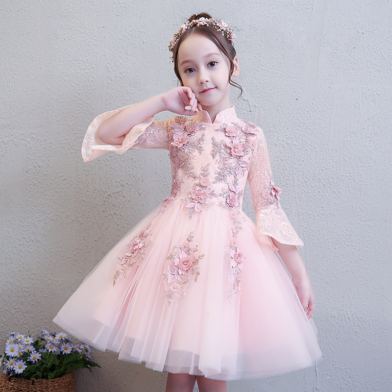 女童粉色婚纱裙蓬蓬纱儿童公主裙花童钢琴演出服生日晚礼服长袖冬