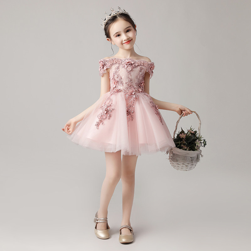 女童粉色生日公主裙蓬蓬纱儿童主持人晚礼服走秀演出服花童婚纱裙