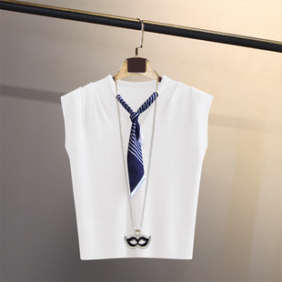 新款女针织背心女无袖马甲小飞袖设计感领带学院风坎肩叠穿上衣潮