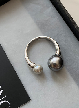 法式真多麻灰大溪地黑色珍珠开口戒指女轻奢小众设计高级感食指环