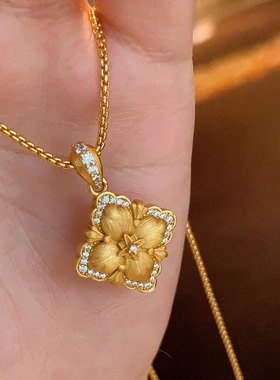 法式复古意大利中古拉丝双面镶钻四叶草项链宫廷布契风百搭锁骨