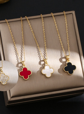 经典简单气质款四叶草钛钢项链女正反两面可带微镶锆石百搭锁骨