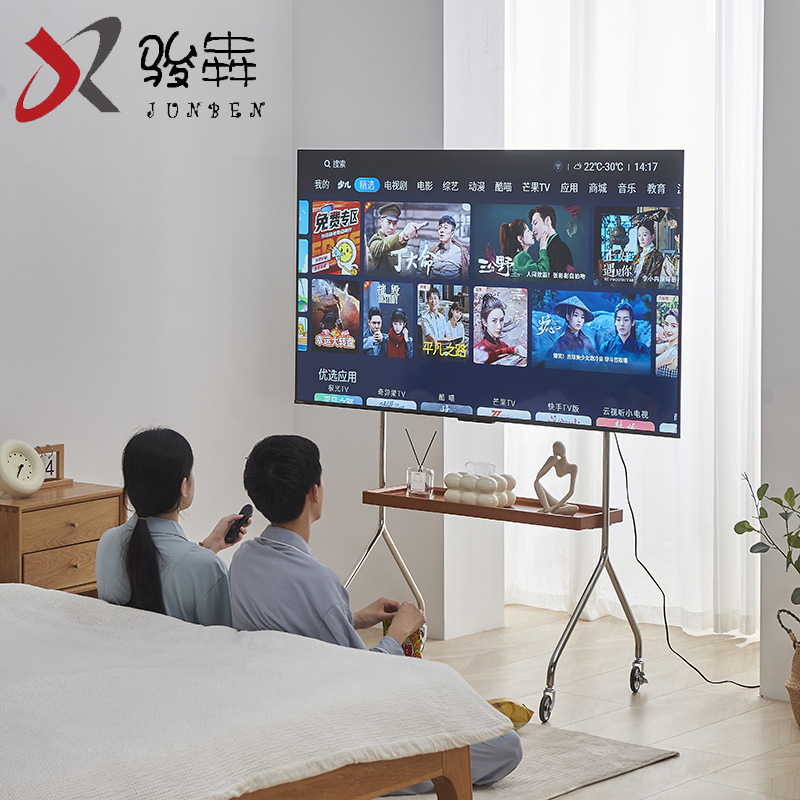 北欧复古客厅电视支架可移动一体机落地式万能显示器挂架推车带轮