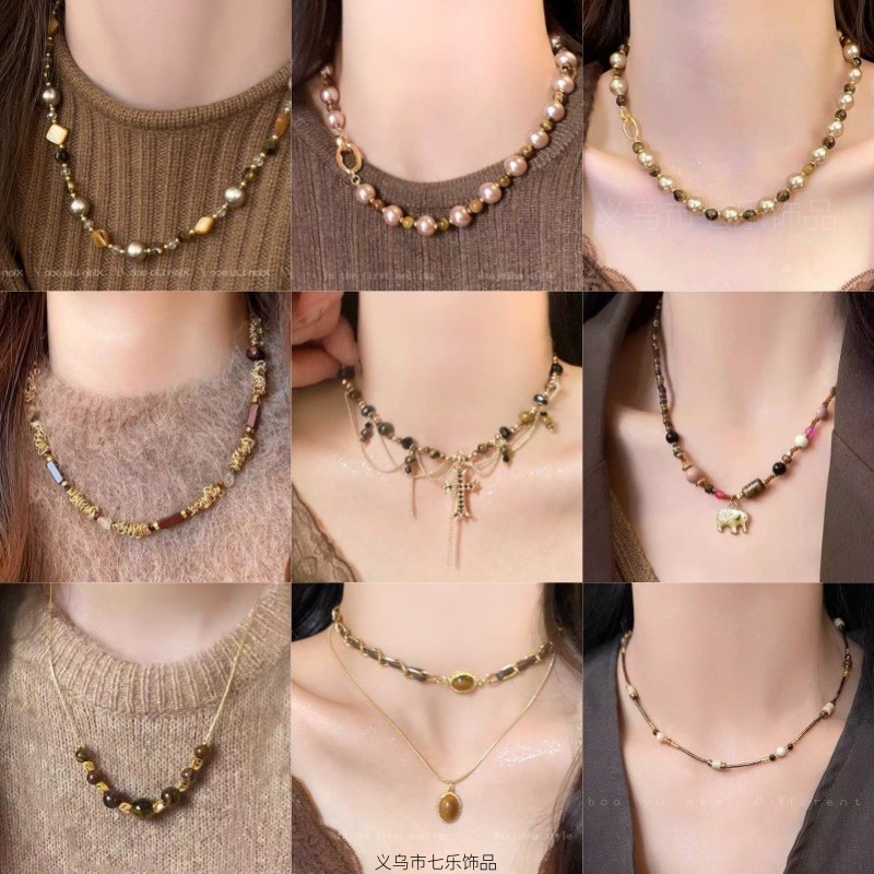 进口美拉德虎眼石串珠项链女秋冬锁骨链轻奢小众毛衣链复古锁骨链
