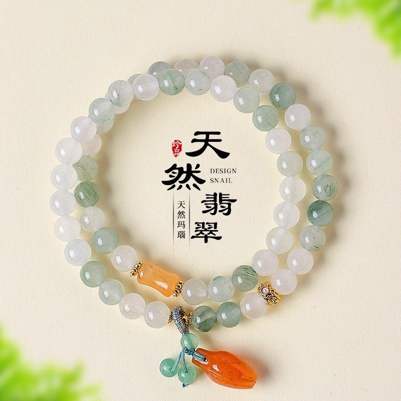 进口新中式天山翠双圈串珠手链女中国风翡翠平安扣东陵玉手串首饰