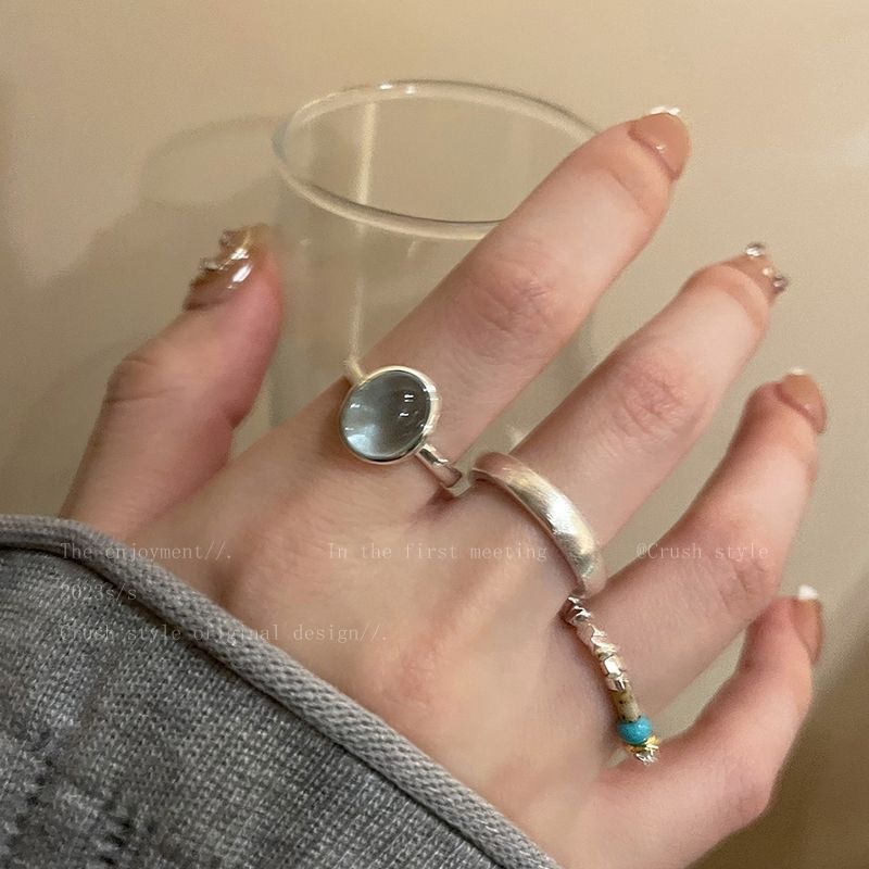 日式素圈碎银子天然石开口戒指女套装闺蜜蛋面戒网红时尚个性百搭