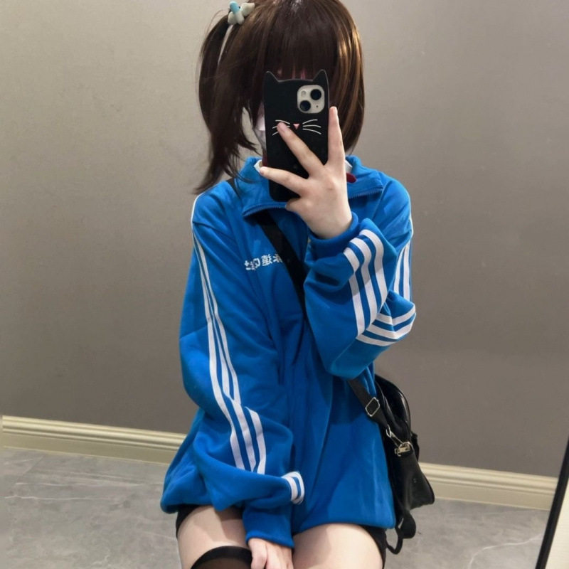 棉料宅萌系亚文化立领校供感秋冬条纹卫衣女日系可爱拉链运动