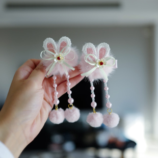 新年甜美小兔子毛球发夹古风珍珠流苏蝴蝶结对夹汉服头饰侧边夹