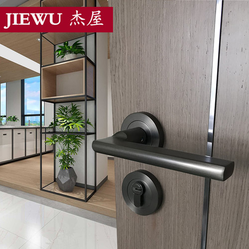 杰屋枪灰色锌合金黑镍拉现代简约静音门锁木门卧室门把手通用锁具