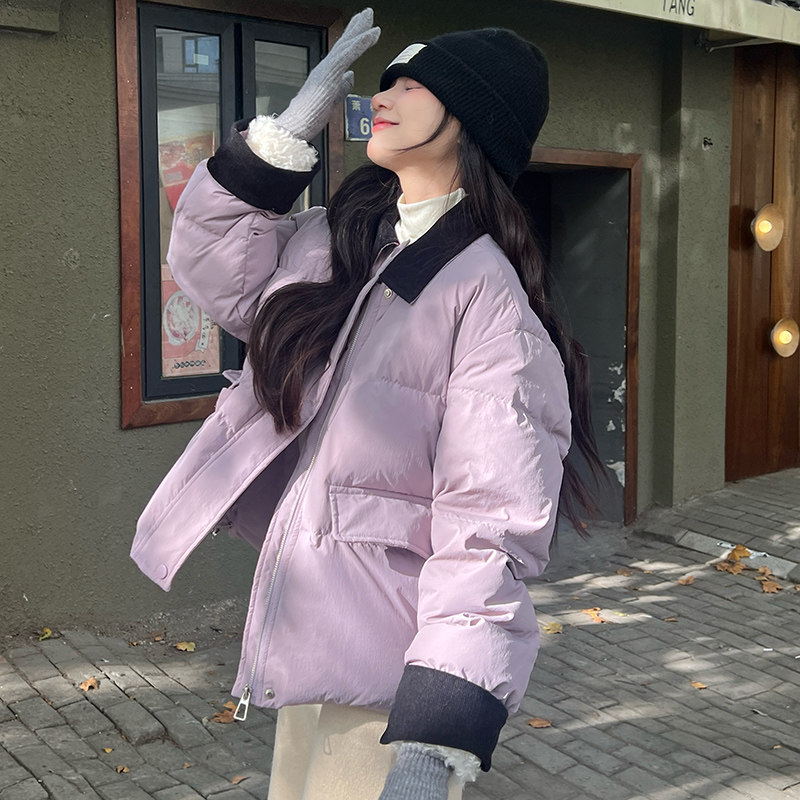 巴恩风休闲紫色短款羽绒服女冬季超火好看高级小众白鸭绒加厚外套图片