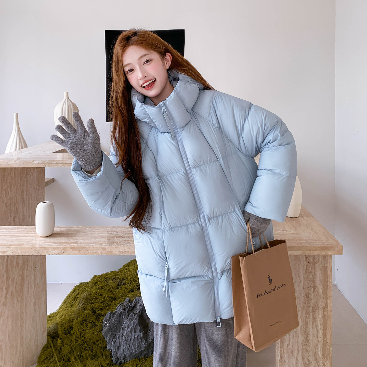 蓝色云朵泡芙羽绒服女2025冬季新款爆款小个子加厚保暖白鸭绒外套,女装羽绒服,2D122