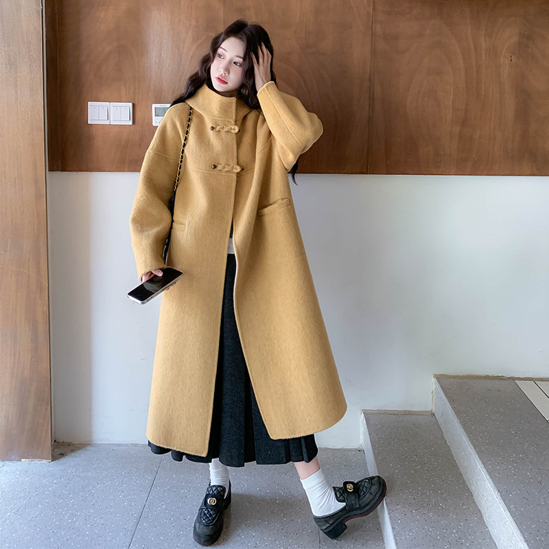 复古新中式国风黄色连帽双面呢外套女秋冬2025新款长款高级感大衣,女装毛呢外套,2D122