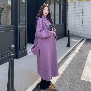高级感紫色西装领双面呢大衣女秋冬新款独特别致气质长款毛呢外套图片