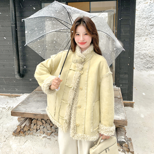 黄色巨好看羊羔毛外套女2025冬季新款高级感加绒加厚皮毛一体上衣图片