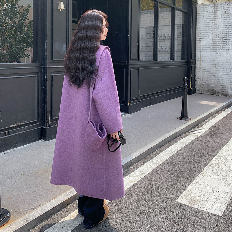 紫色中长款双面呢毛呢外套女2025冬季日系设计感慵懒羊毛呢子大衣,女装毛呢外套,2D122