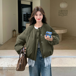 设计感灰色蕾丝拼接圆领羽绒服女冬超火好看高级小众保暖加厚外套图片