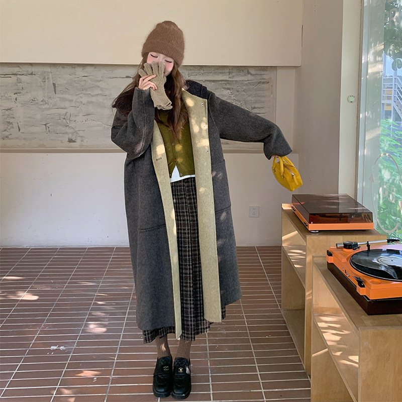 浪漫优雅撞色连帽双面呢大衣女2025冬季韩系高级感百搭羊毛呢大衣,女装毛呢外套,2D122