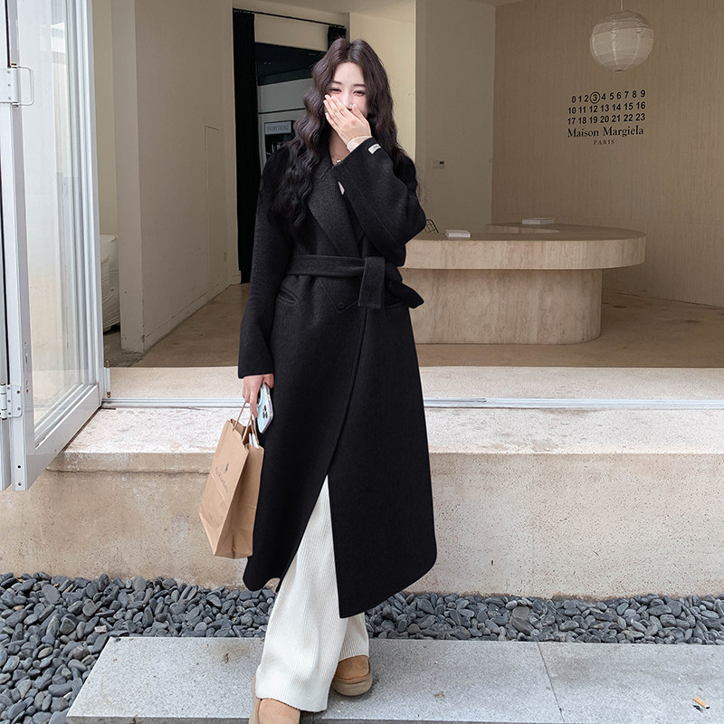高级感紫色西装领双面呢大衣女秋冬新款独特别致气质长款毛呢外套,女装毛呢外套,2D122