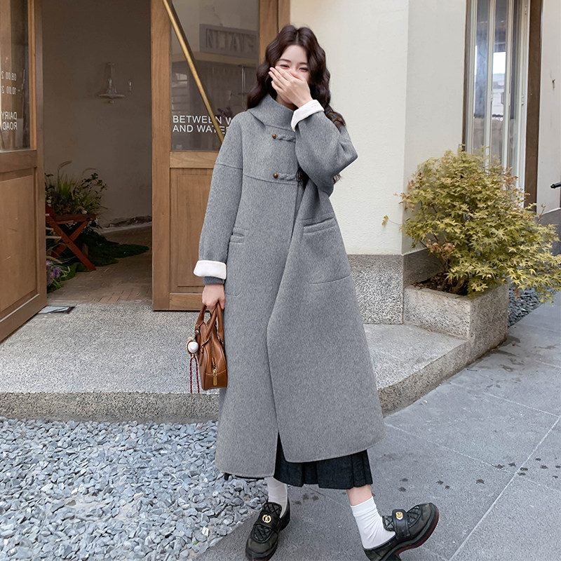 复古新中式国风黄色连帽双面呢外套女秋冬2025新款长款高级感大衣,女装毛呢外套,2D122