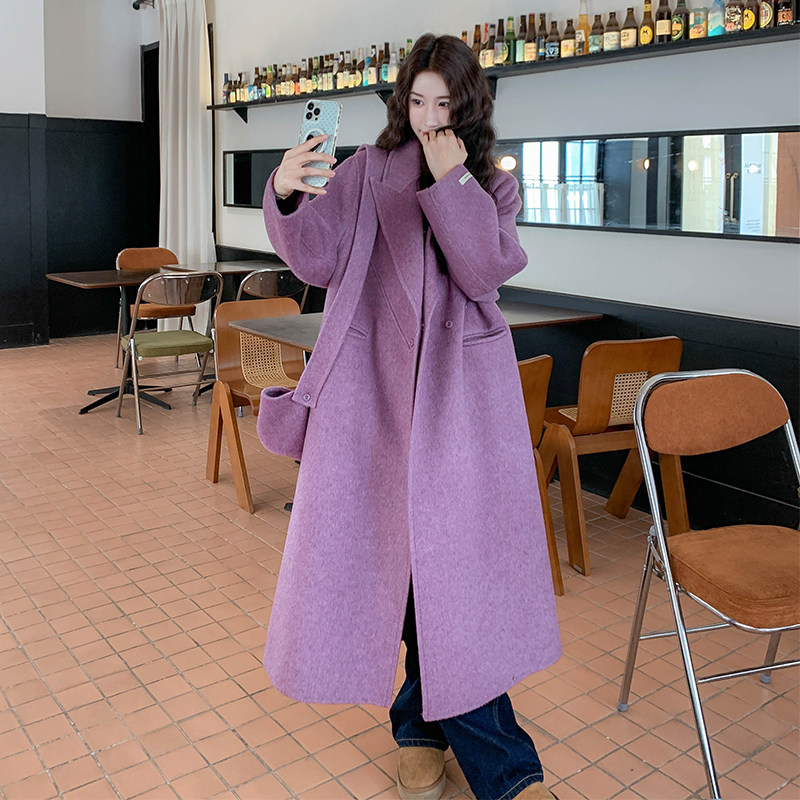 高级感紫色西装领双面呢大衣女秋冬新款独特别致气质长款毛呢外套，女装毛呢外套，2D122