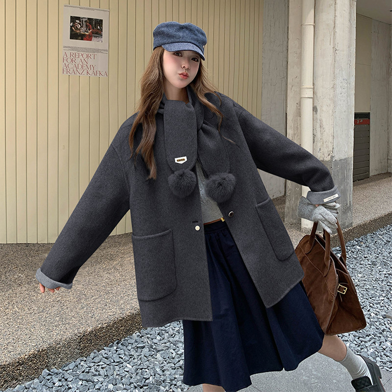 【档口有货】两色毛球围巾双面呢大衣2D122-2735-P265控388，女装毛呢外套，2D122