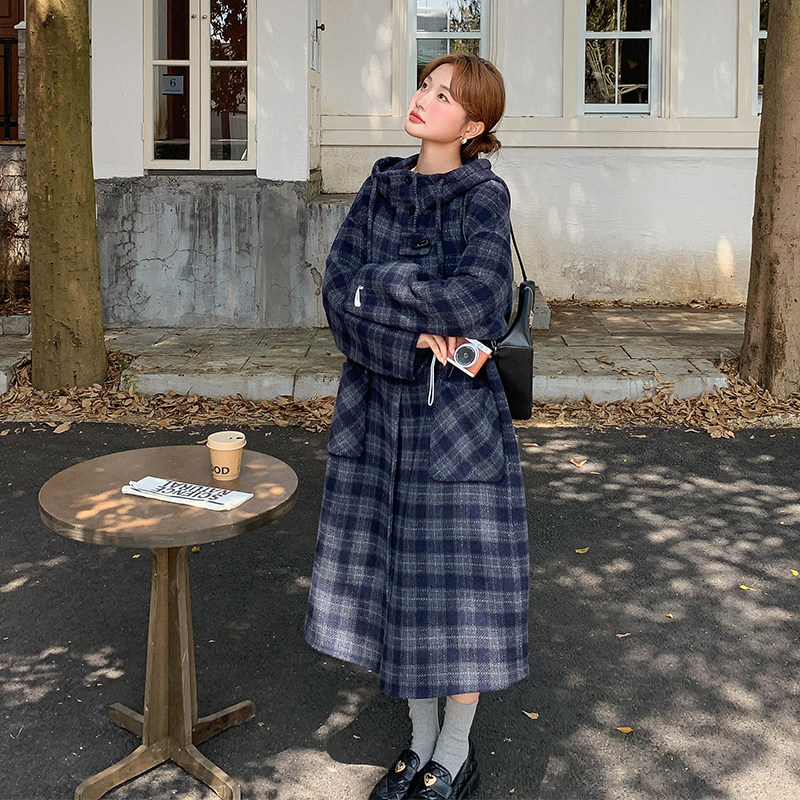 深蓝色复古格纹双面呢连帽大衣女秋加厚学院风中长款双面羊绒外套,女装毛呢外套,2D122