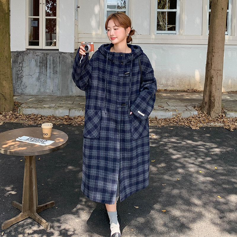 深蓝色复古格纹双面呢连帽大衣女秋加厚学院风中长款双面羊绒外套,女装毛呢外套,2D122