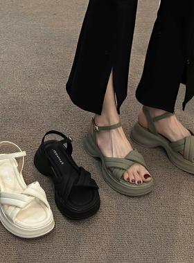 罗马凉鞋女2024年新款夏季外穿厚底百搭小个子粗跟高跟度假沙滩鞋