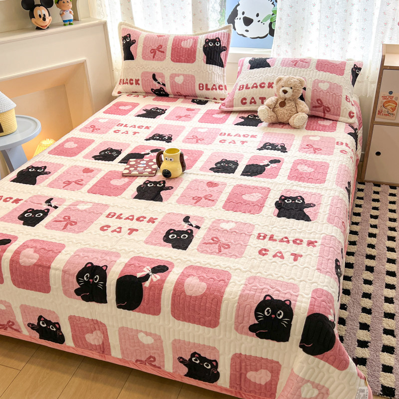 2025新款韩系INS加厚牛奶绒床盖单件卡通小猫冬季三件套床上用品,床上用品,床盖,淘宝优惠券,粉丝福利购,淘宝优惠卷