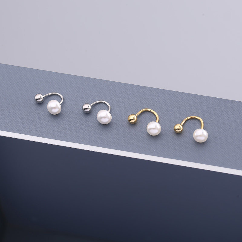 s925纯银珍珠拧扣耳环女气质小众设计感不对称u形螺丝耳钉潮耳饰