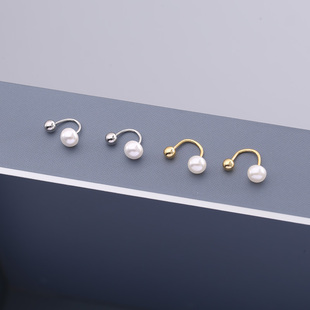 s925纯银珍珠拧扣耳环女气质小众设计感不对称u形螺丝耳钉潮耳饰