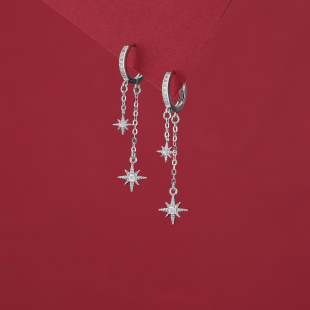 s925纯银闪钻八芒星流苏耳扣女气质星芒耳环小众2025年新款耳饰潮