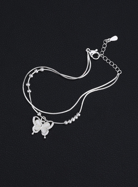 s925纯银双层蝴蝶结猫眼石手链女