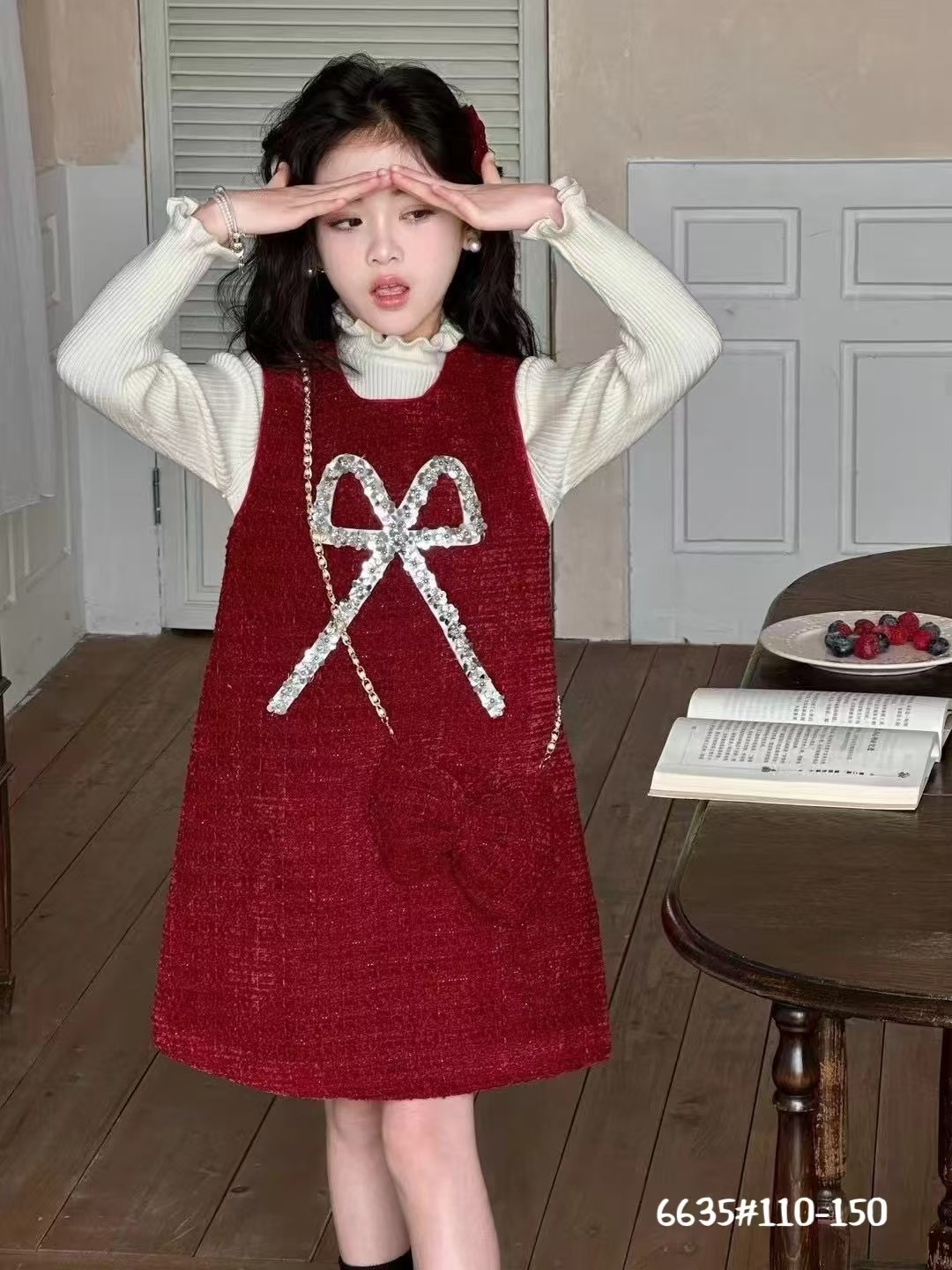 女孩中小童秋冬小香风连衣裙背心马甲裙木耳边针织打底衫二件套装