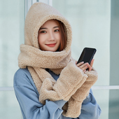 冬季 帽子围巾手套三件套一体新款 韩版 加厚保暖毛绒围脖连体帽成人