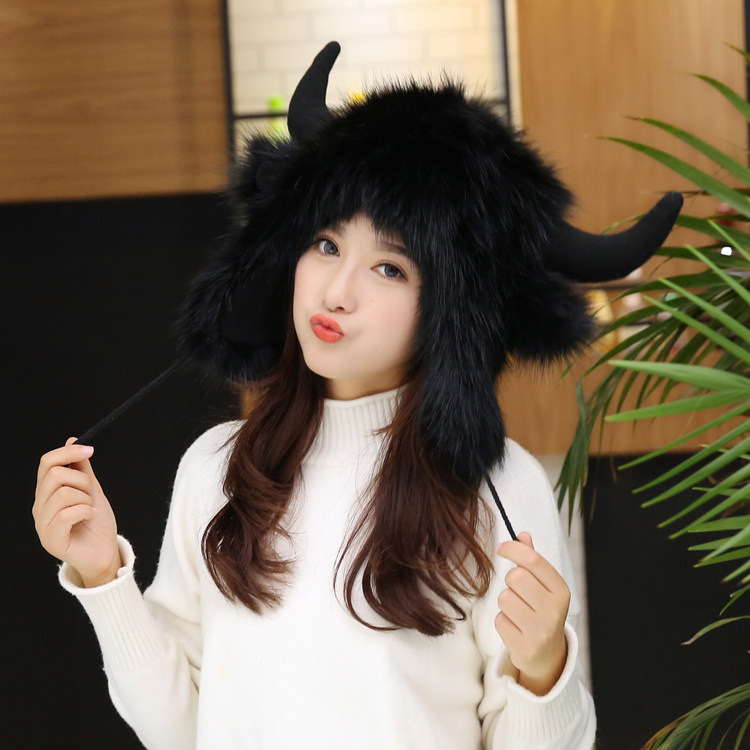 秋冬天保暖可爱卡通牛角雷锋帽子户外东北加厚加绒皮草雷锋帽