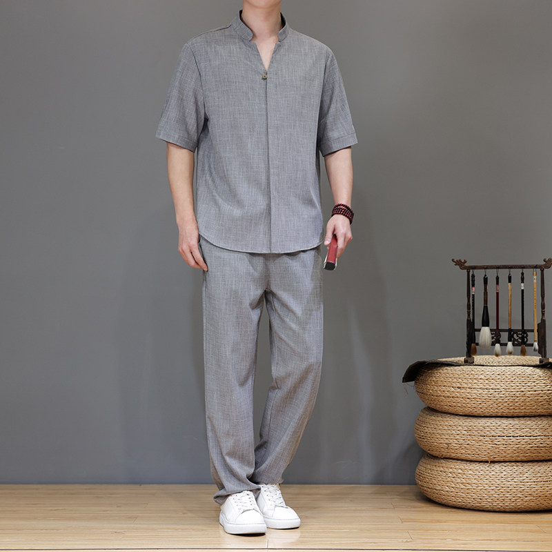 夏季棉麻短袖睡衣套装男中老年爸爸装天丝亚麻长裤家居服中式唐装