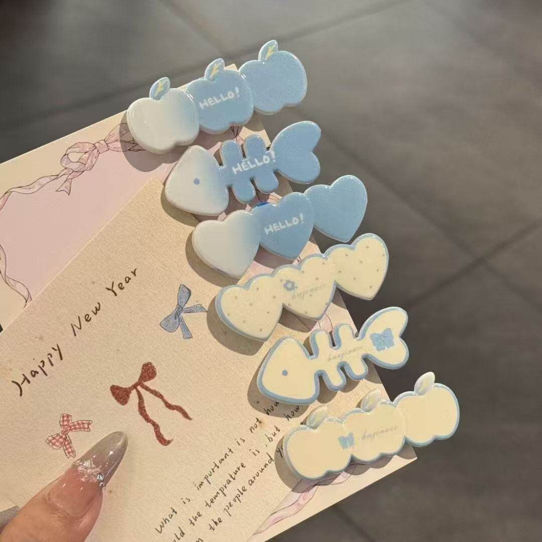 甜美蓝色系鱼骨苹果爱心发夹可爱少女心小清新刘海夹春夏百搭发卡