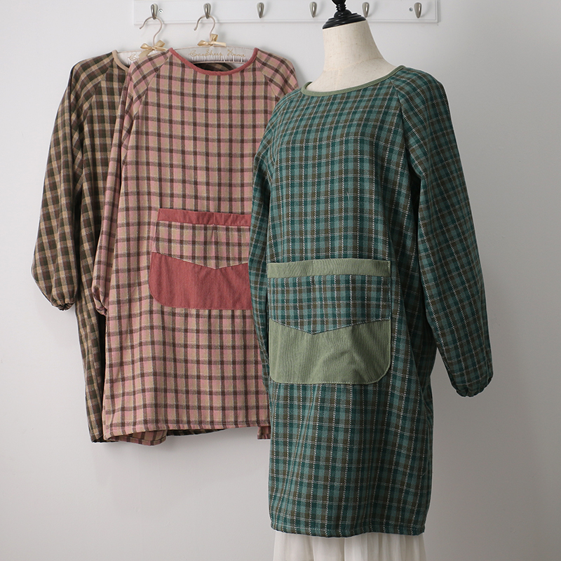 简约格子成人加厚罩衣厨房做饭家居干活围腰工作服韩版时尚布围裙