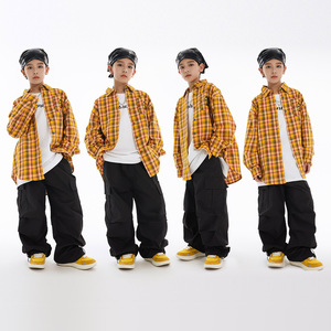 儿童街舞潮服套装酷帅格子衬衫裤子少儿hiphop男童嘻哈街舞演出服