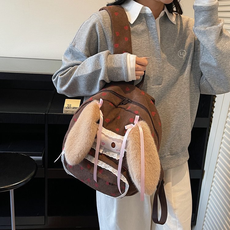 灯芯绒双肩包外出旅游女孩可爱高颜值春秋游小书包草莓兔儿童背包