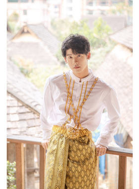 泰国傣族服装男士修身传统休闲旅拍工作服迎宾短袖男士傣裙套装