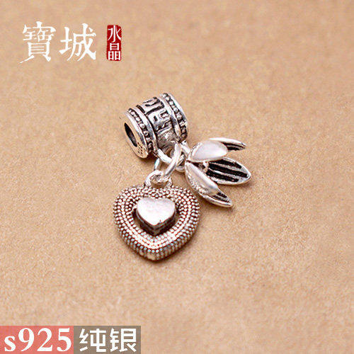 s925纯银复古爱心小花挂件 泰银配件DIY水晶手链手串饰品配饰材料