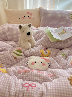 晚安猫ins风卡通毛巾绣牛奶绒四件套被套圣诞系列三件套床笠床品