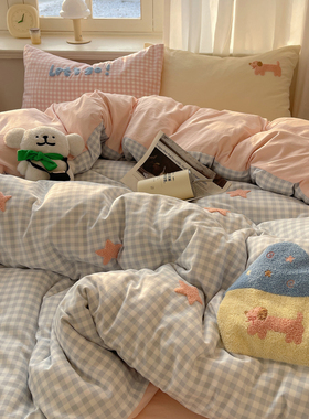 晚安猫ins卡通毛巾绣水洗棉四件套被套宿舍三件套床单床笠床品