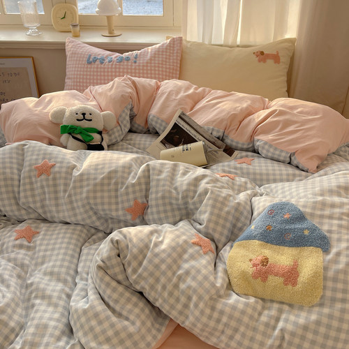 ins卡通毛巾绣水洗棉四件套