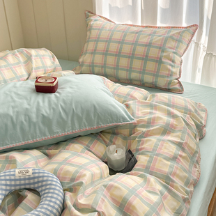 晚安猫三角针混搭全棉四件套小清新纯棉色织宿舍三件套床单床品